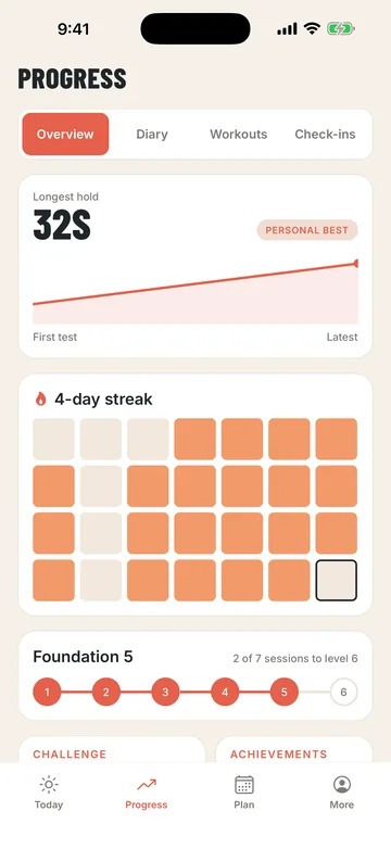 Steady progress screen with best hold and streak